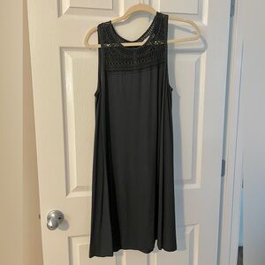NEW LOFT SWING shift MED Black stretch Rayon DRESS w Crocheted Linen LACE @neck